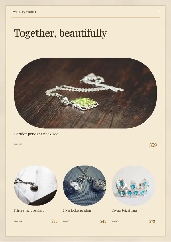 Page 6 of the Golden Hour jewellery catalogue template: products in mixed sizes