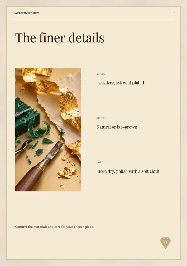 Page 8 of the Golden Hour jewellery catalogue template: details page