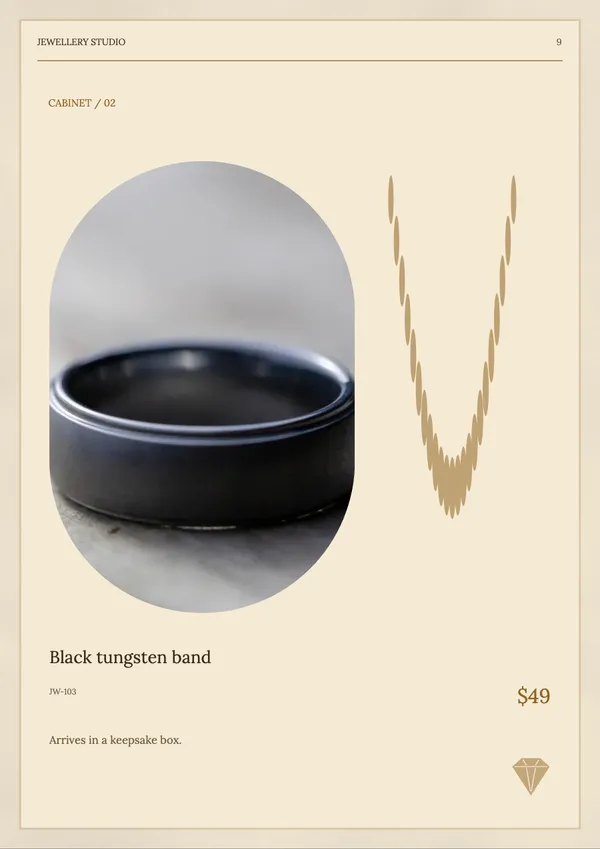 Page 9 of the Golden Hour jewellery catalogue template: product feature