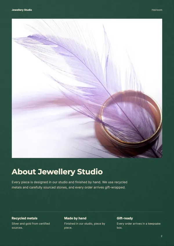 Page 2 of the Heirloom jewellery catalogue template: about