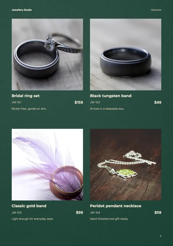 Page 3 of the Heirloom jewellery catalogue template: products