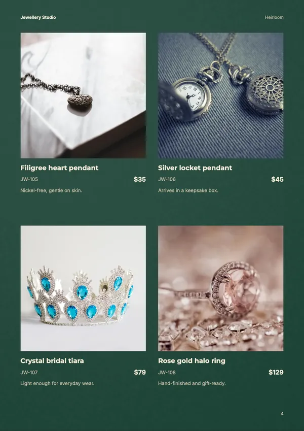 Page 4 of the Heirloom jewellery catalogue template: products