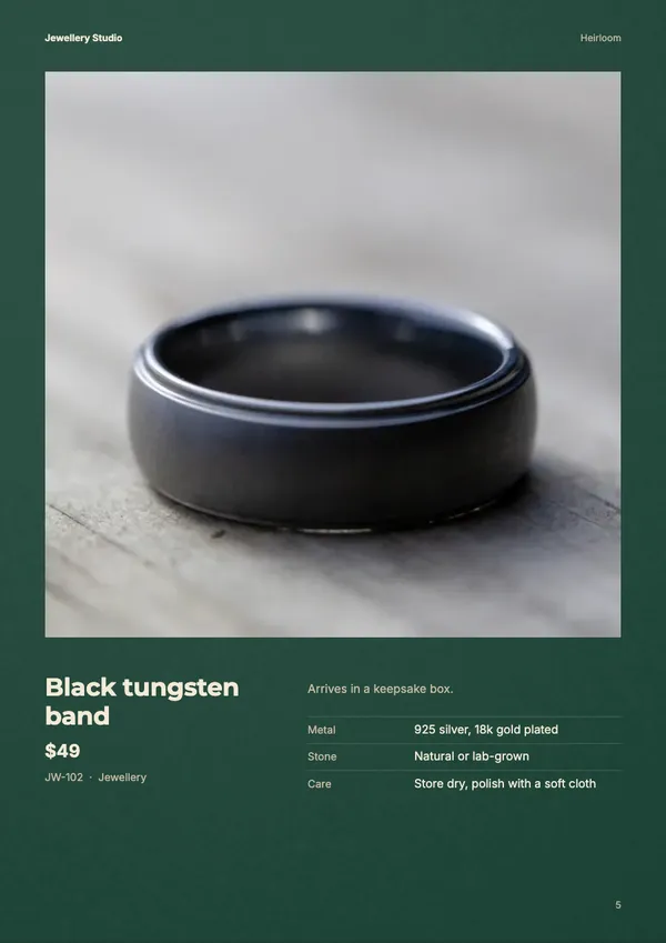 Page 5 of the Heirloom jewellery catalogue template: one product