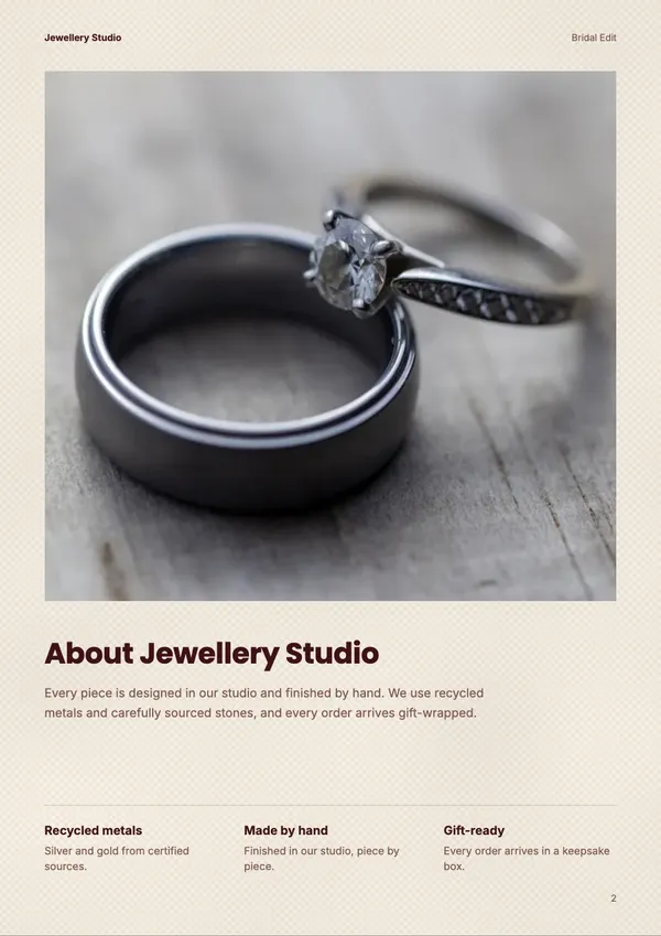 Page 2 of the Kundan House jewellery catalogue template: about