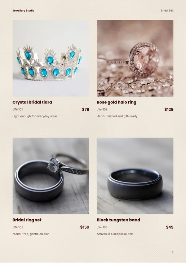 Page 3 of the Kundan House jewellery catalogue template: products