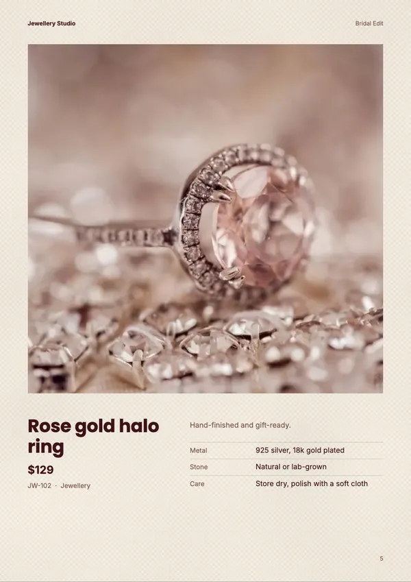Page 5 of the Kundan House jewellery catalogue template: one product
