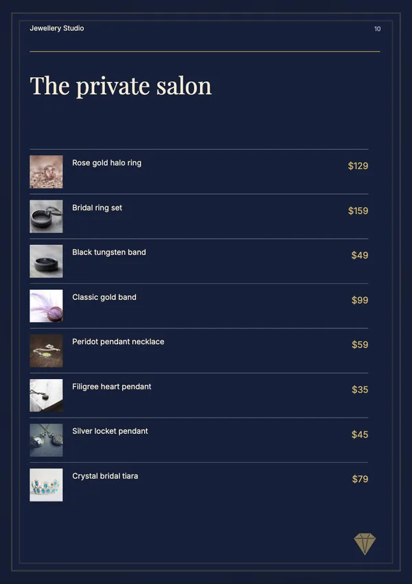 Page 10 of the Midnight Vault jewellery catalogue template: shopping list