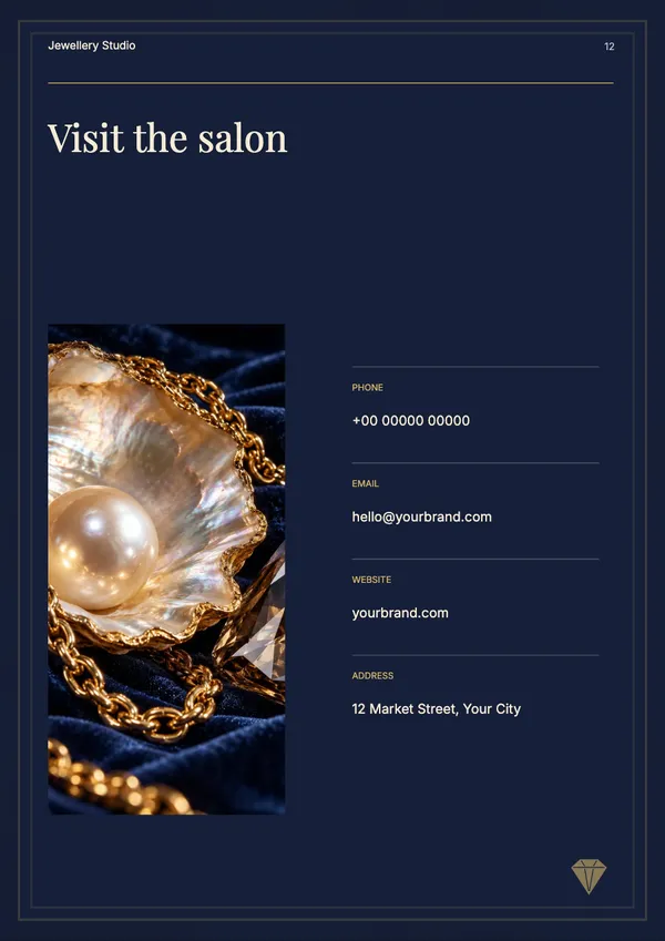 Page 12 of the Midnight Vault jewellery catalogue template: back page