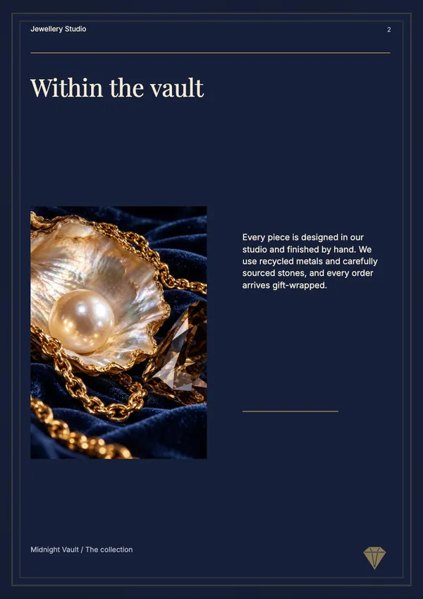 Page 2 of the Midnight Vault jewellery catalogue template: introduction
