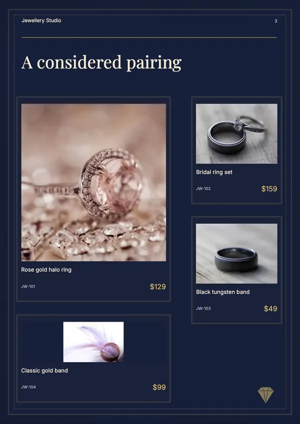 Page 3 of the Midnight Vault jewellery catalogue template: showcase page