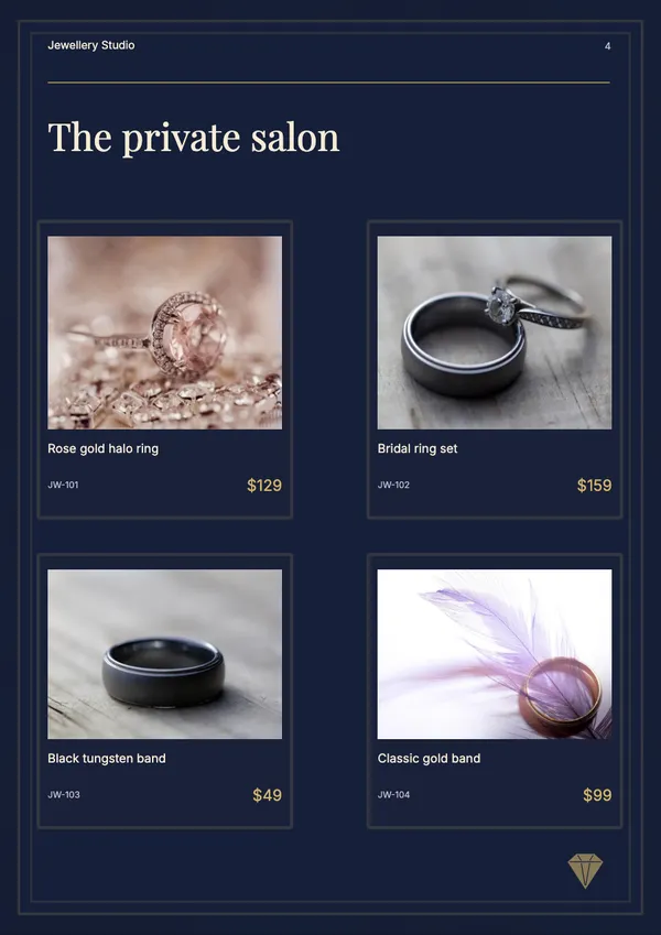 Page 4 of the Midnight Vault jewellery catalogue template: four products