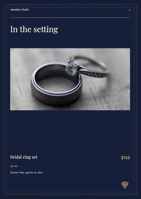 Page 5 of the Midnight Vault jewellery catalogue template: product feature