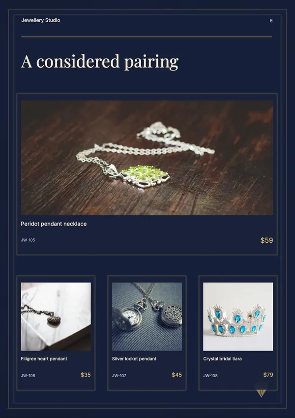 Page 6 of the Midnight Vault jewellery catalogue template: products in mixed sizes
