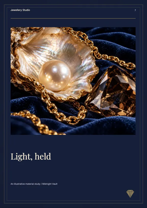 Page 7 of the Midnight Vault jewellery catalogue template: artwork page