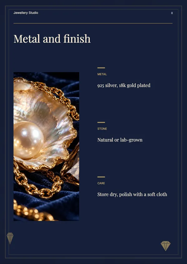 Page 8 of the Midnight Vault jewellery catalogue template: details page