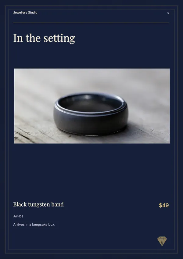 Page 9 of the Midnight Vault jewellery catalogue template: product feature