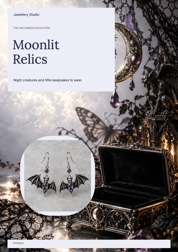 Page 1 of the Moonlit Relics jewellery catalogue template: cover