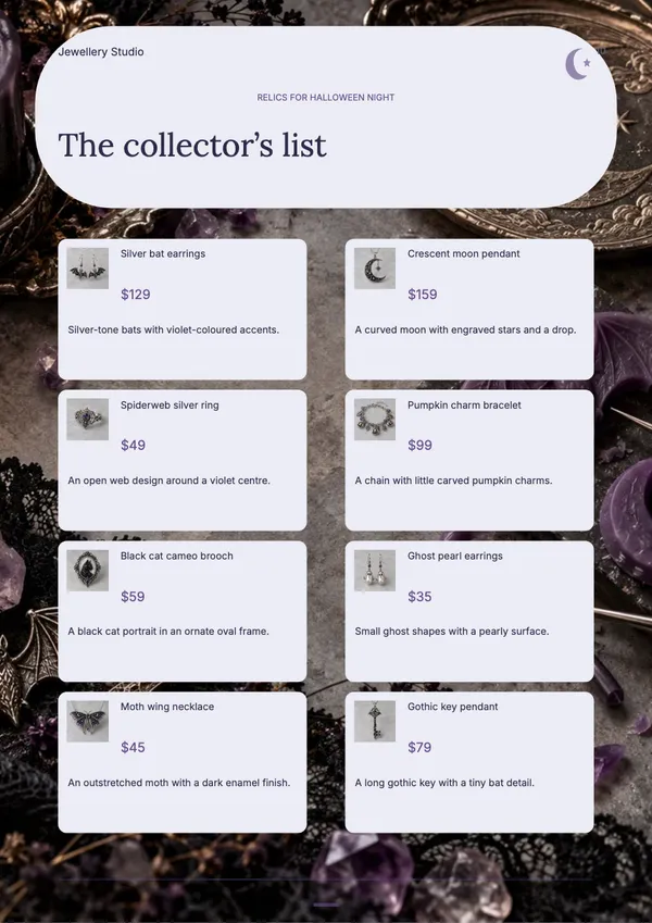 Page 10 of the Moonlit Relics jewellery catalogue template: shopping list