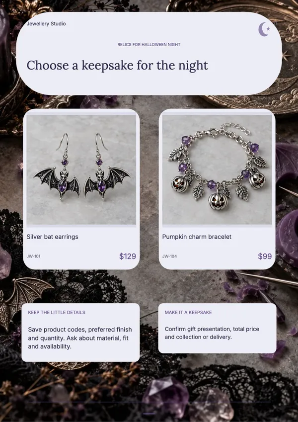 Page 11 of the Moonlit Relics jewellery catalogue template: how to order