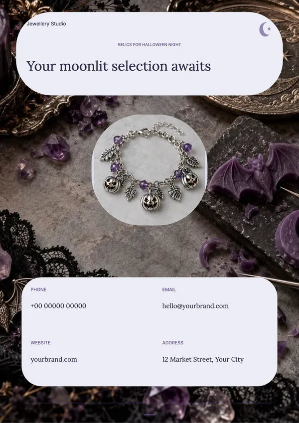 Page 12 of the Moonlit Relics jewellery catalogue template: back page