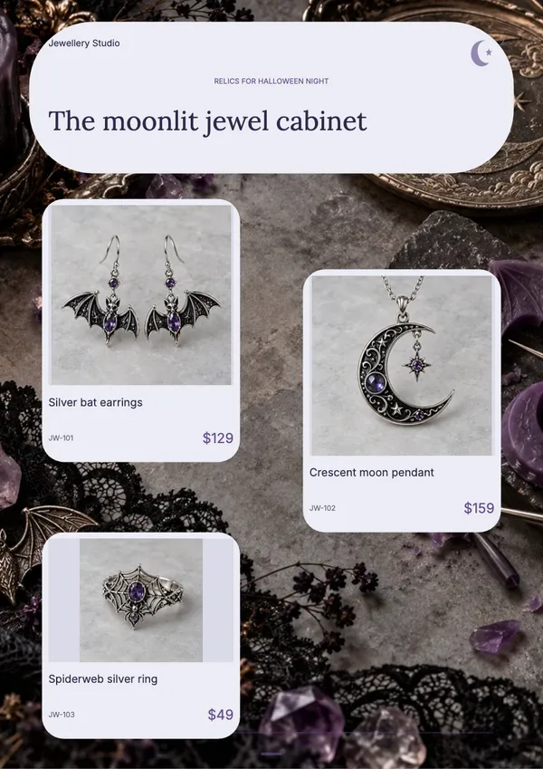 Page 2 of the Moonlit Relics jewellery catalogue template: moonlit relics collection display