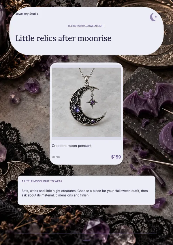 Page 3 of the Moonlit Relics jewellery catalogue template: introduction