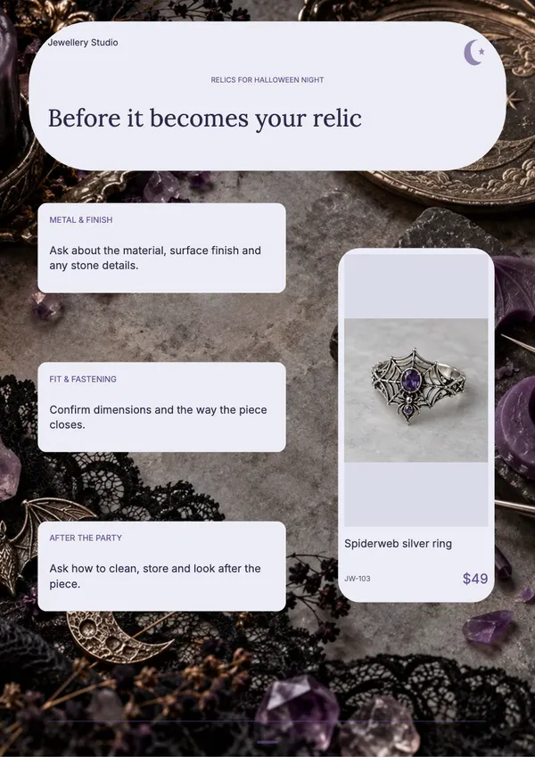 Page 4 of the Moonlit Relics jewellery catalogue template: details page