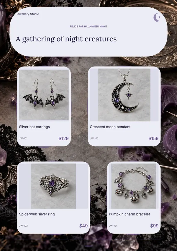 Page 5 of the Moonlit Relics jewellery catalogue template: four products