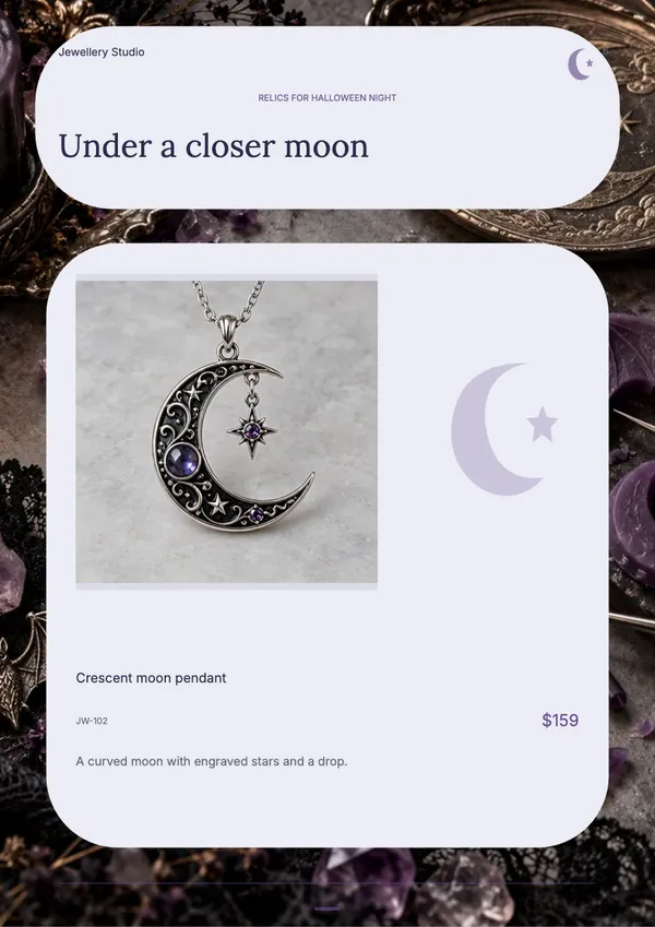 Page 6 of the Moonlit Relics jewellery catalogue template: product feature