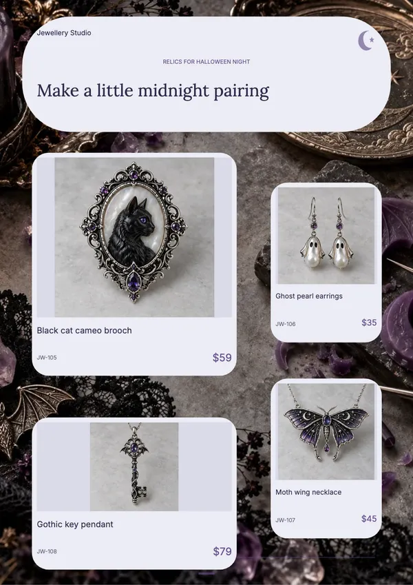 Page 7 of the Moonlit Relics jewellery catalogue template: products in mixed sizes