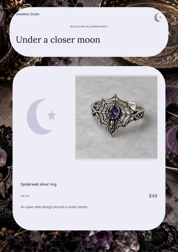 Page 8 of the Moonlit Relics jewellery catalogue template: product feature