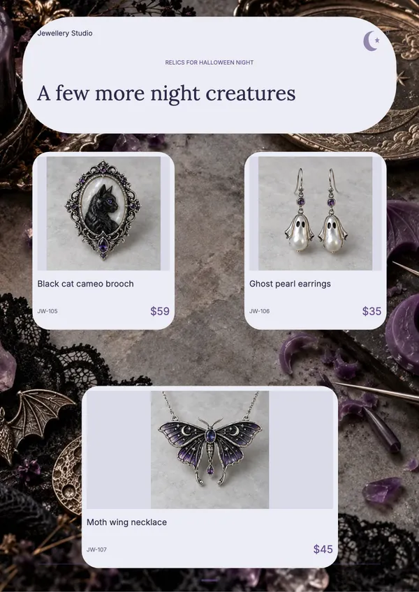 Page 9 of the Moonlit Relics jewellery catalogue template: moonlit relics products over halloween artwork
