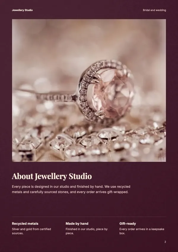 Page 2 of the Shaadi jewellery catalogue template: about