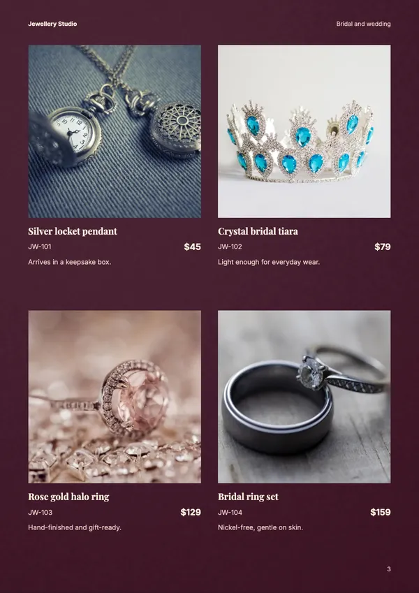Page 3 of the Shaadi jewellery catalogue template: products