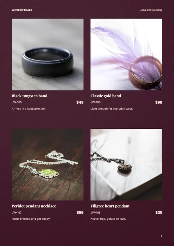 Page 4 of the Shaadi jewellery catalogue template: products