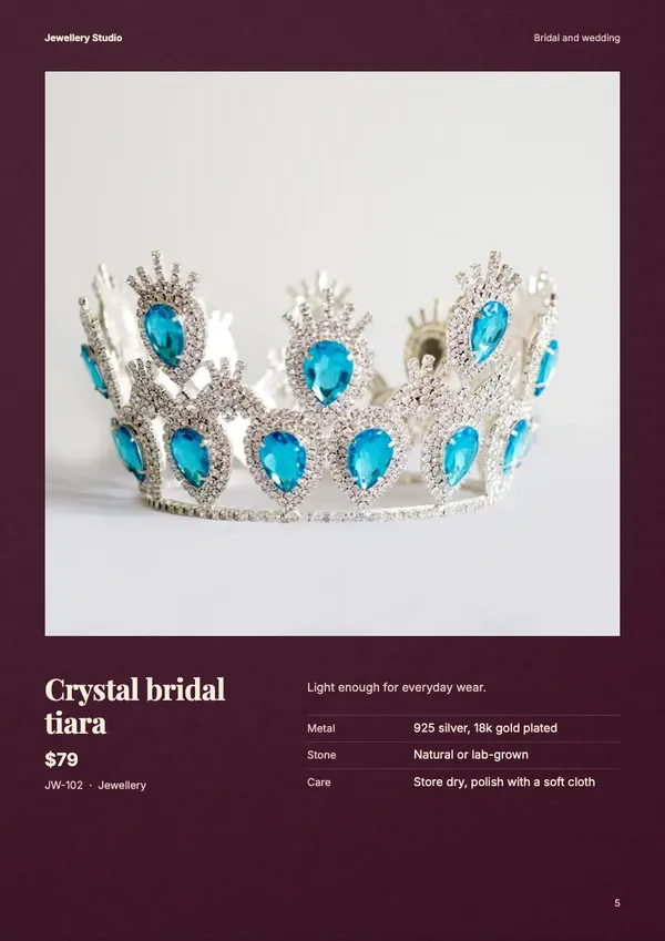 Page 5 of the Shaadi jewellery catalogue template: one product