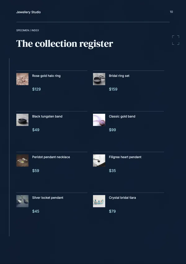 Page 10 of the Silver Salt jewellery catalogue template: shopping list