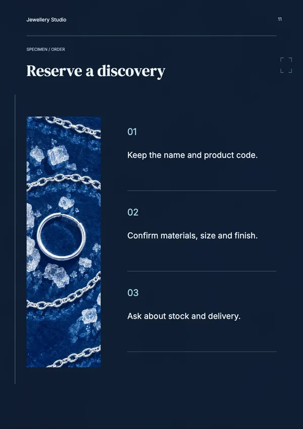 Page 11 of the Silver Salt jewellery catalogue template: how to order