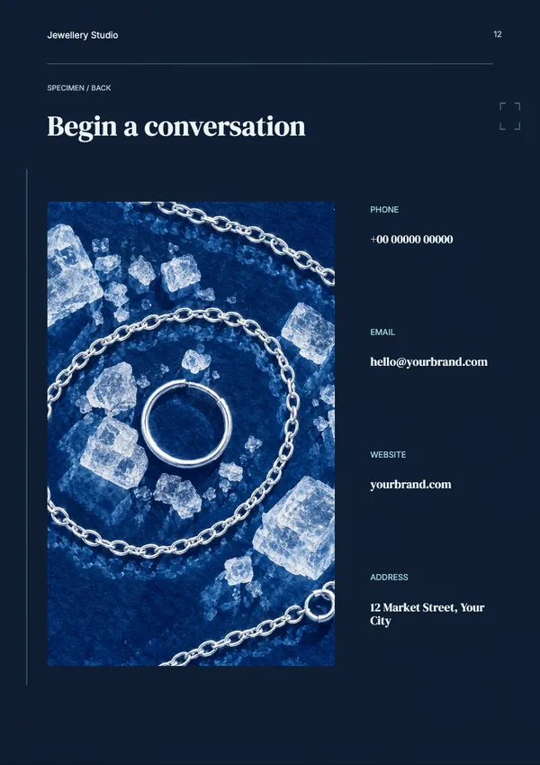 Page 12 of the Silver Salt jewellery catalogue template: back page