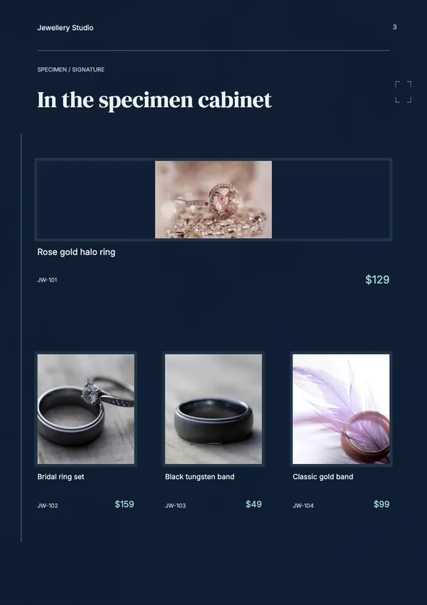 Page 3 of the Silver Salt jewellery catalogue template: showcase page
