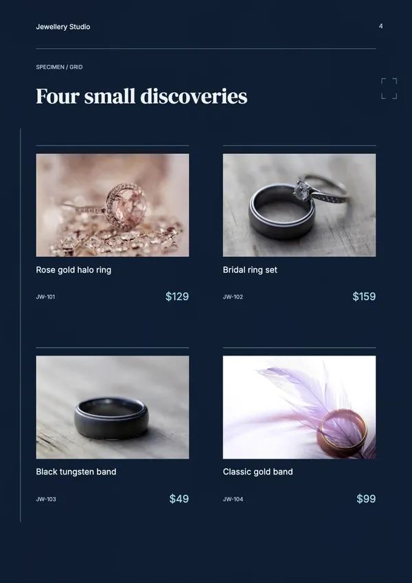 Page 4 of the Silver Salt jewellery catalogue template: four products