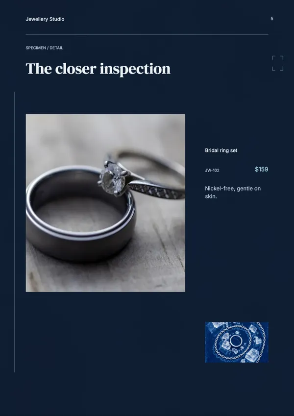 Page 5 of the Silver Salt jewellery catalogue template: product feature