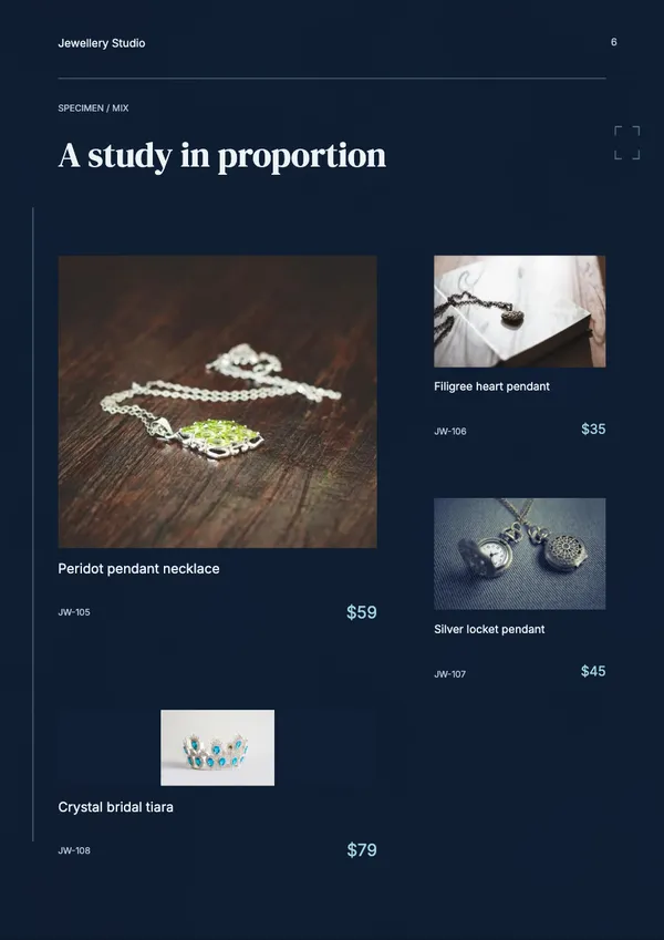 Page 6 of the Silver Salt jewellery catalogue template: products in mixed sizes