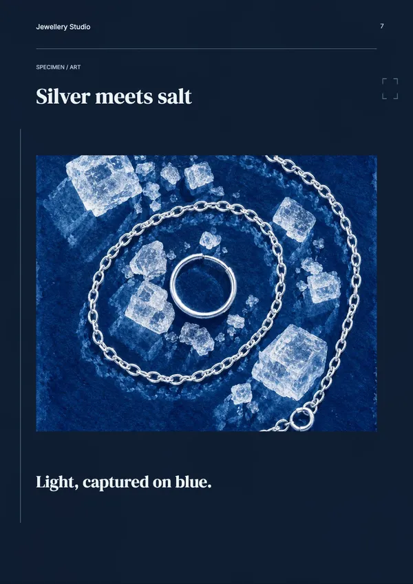 Page 7 of the Silver Salt jewellery catalogue template: artwork page