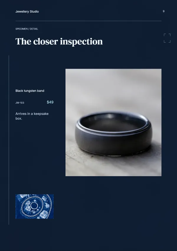 Page 9 of the Silver Salt jewellery catalogue template: product feature