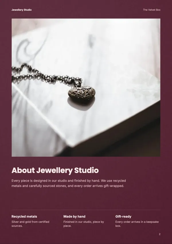 Page 2 of the Velvet Box jewellery catalogue template: about