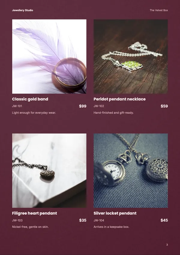 Page 3 of the Velvet Box jewellery catalogue template: products