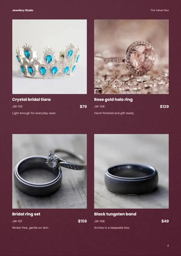 Page 4 of the Velvet Box jewellery catalogue template: products
