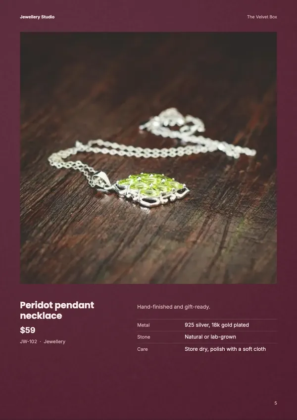 Page 5 of the Velvet Box jewellery catalogue template: one product