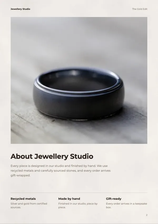 Page 2 of the Gold Edit jewellery catalogue template: about
